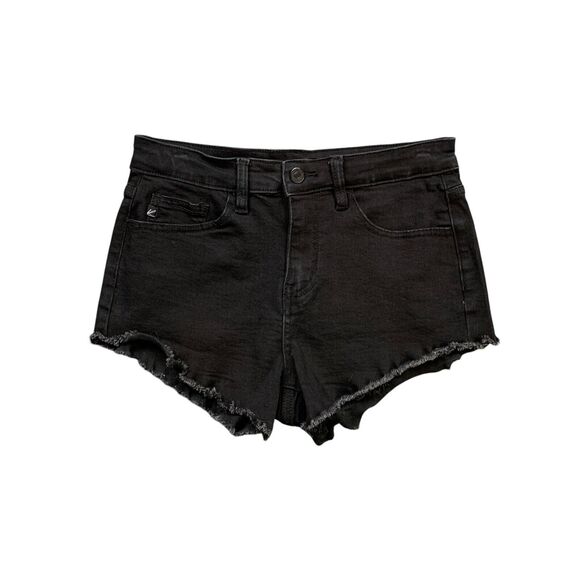 KanCan Shorts Womens 7/27 Black High Rise Cut Off Raw Hem Stretch Denim Zip Fly - Picture 1 of 9